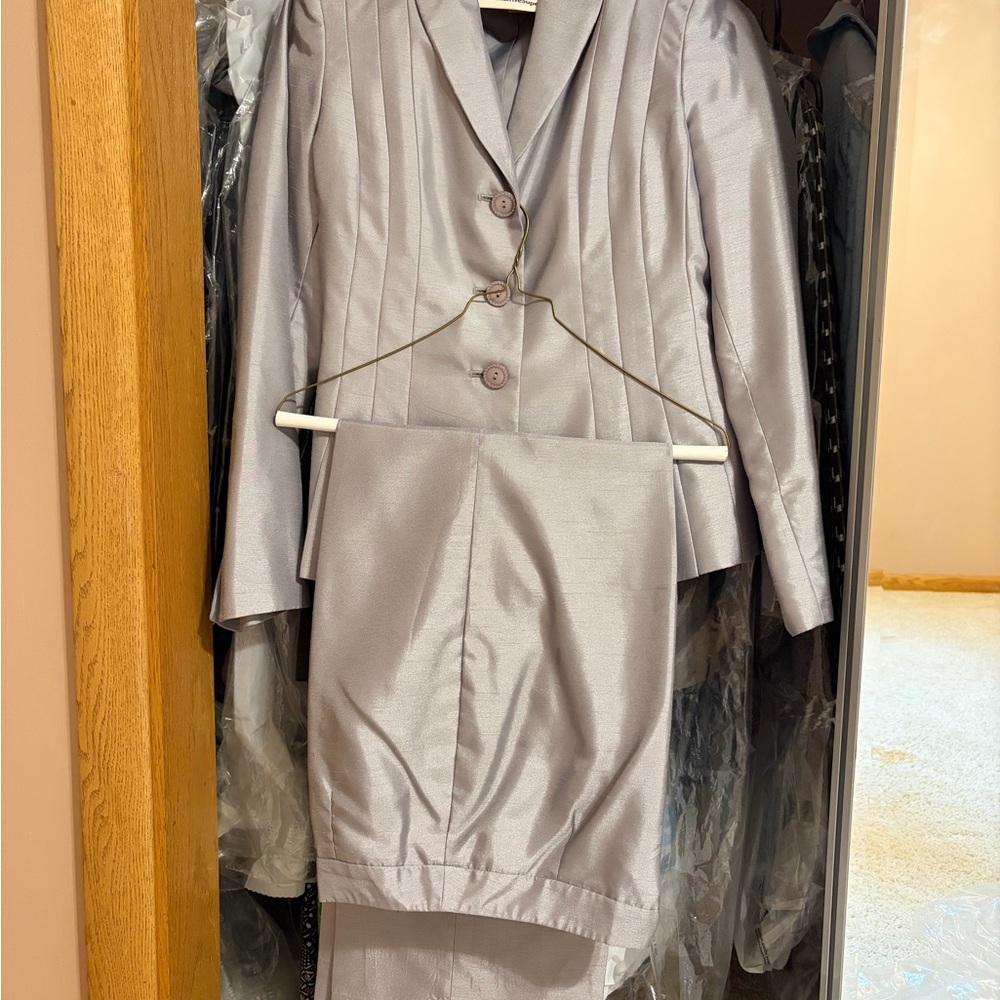 Silver Satin Pant Suit - Classic Two-Piece